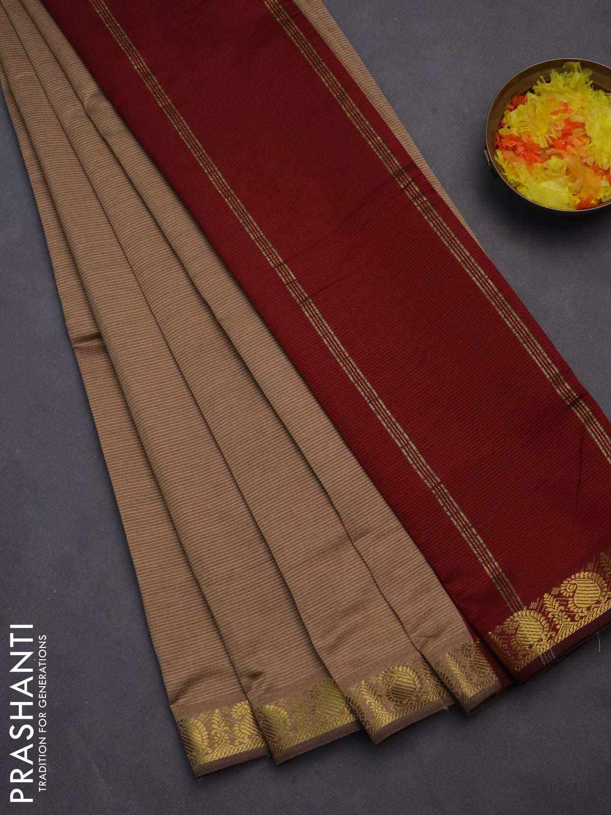 10 yards Poly cotton saree beige and maroon with plain body and zari woven border