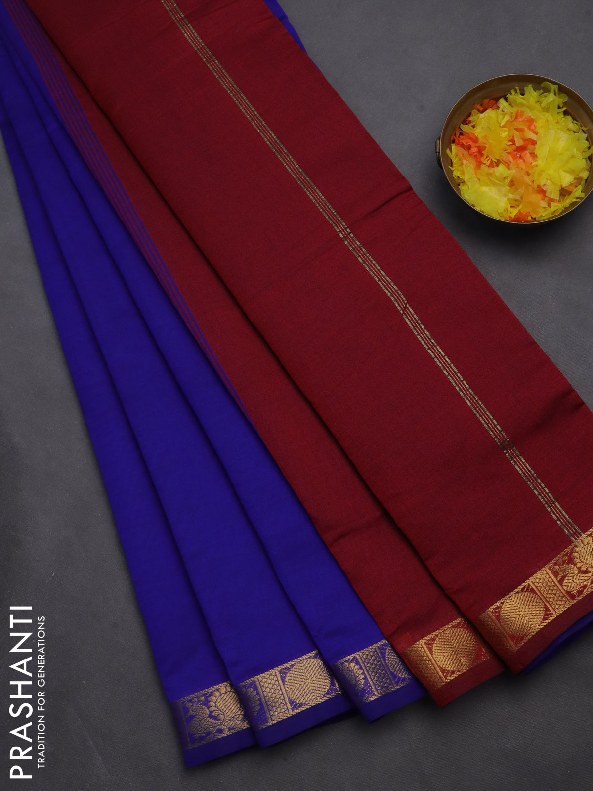 10 yards Poly cotton saree blue and maroon with plain body and zari woven border