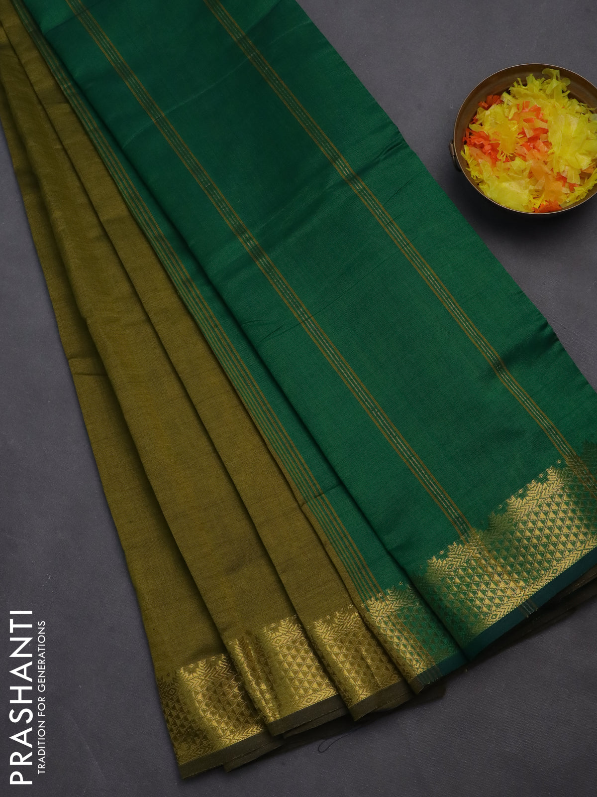 10 yards Poly cotton saree mehendi green and green with plain body and zari woven border