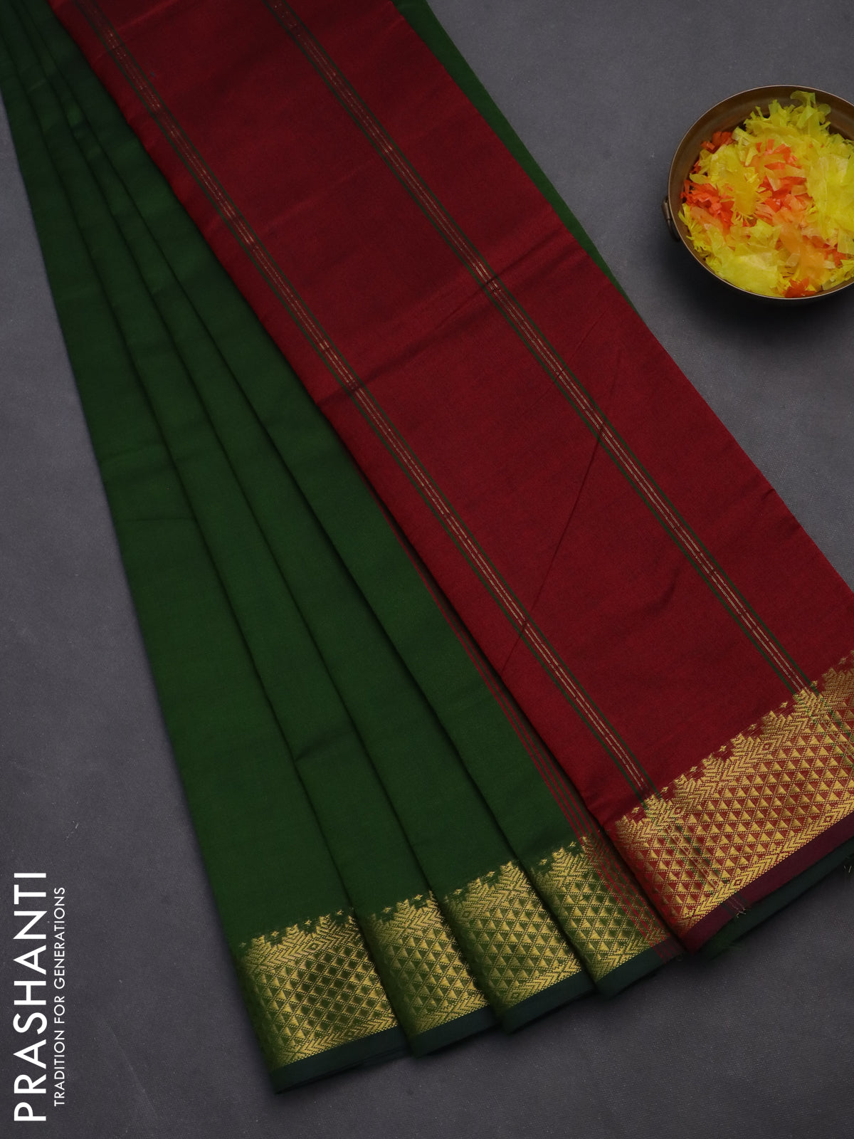 10 yards Poly cotton saree sap green and maroon with plain body and zari woven border