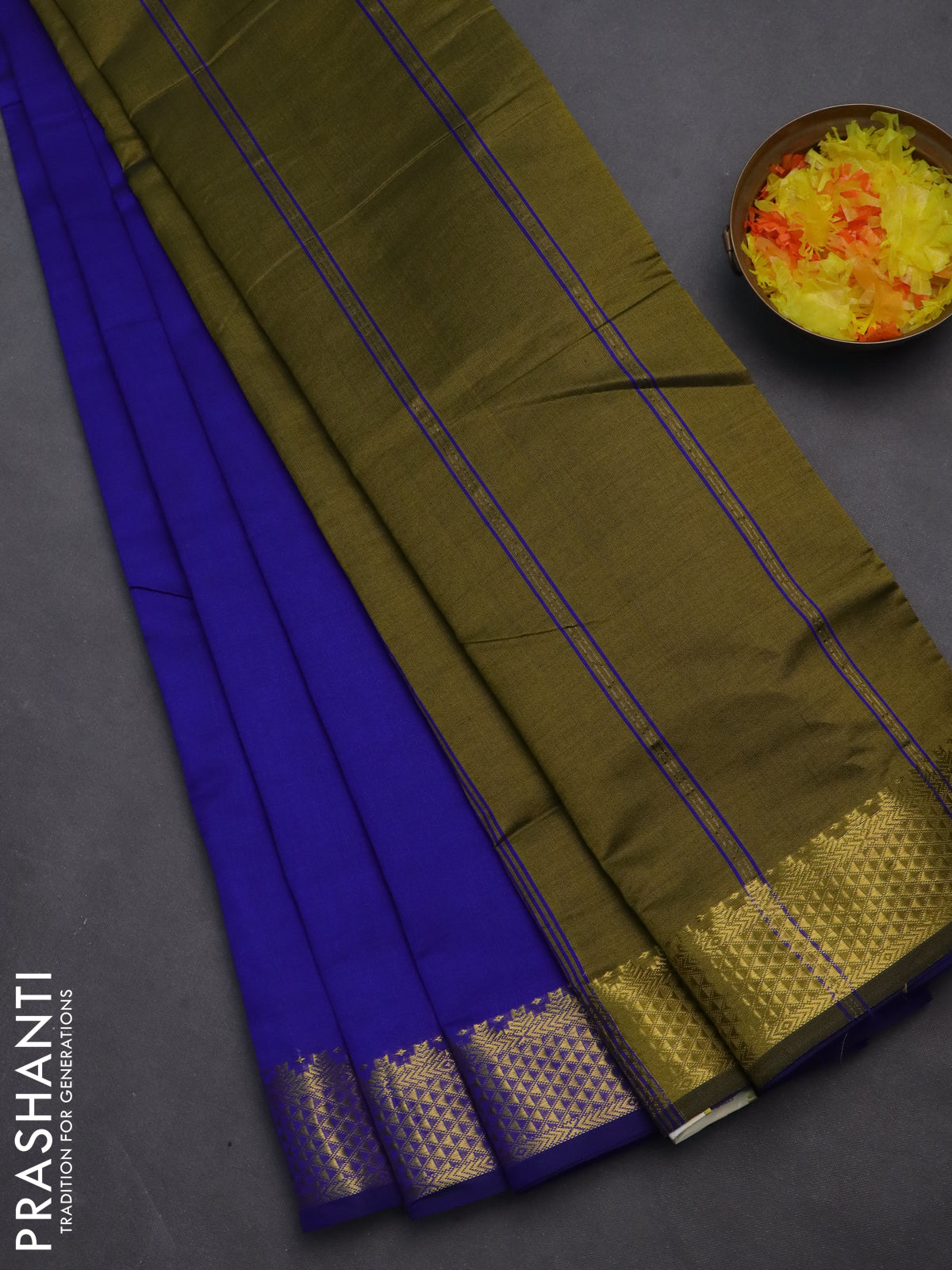 10 yards Poly cotton saree blue and mehendi green with plain body and zari woven border