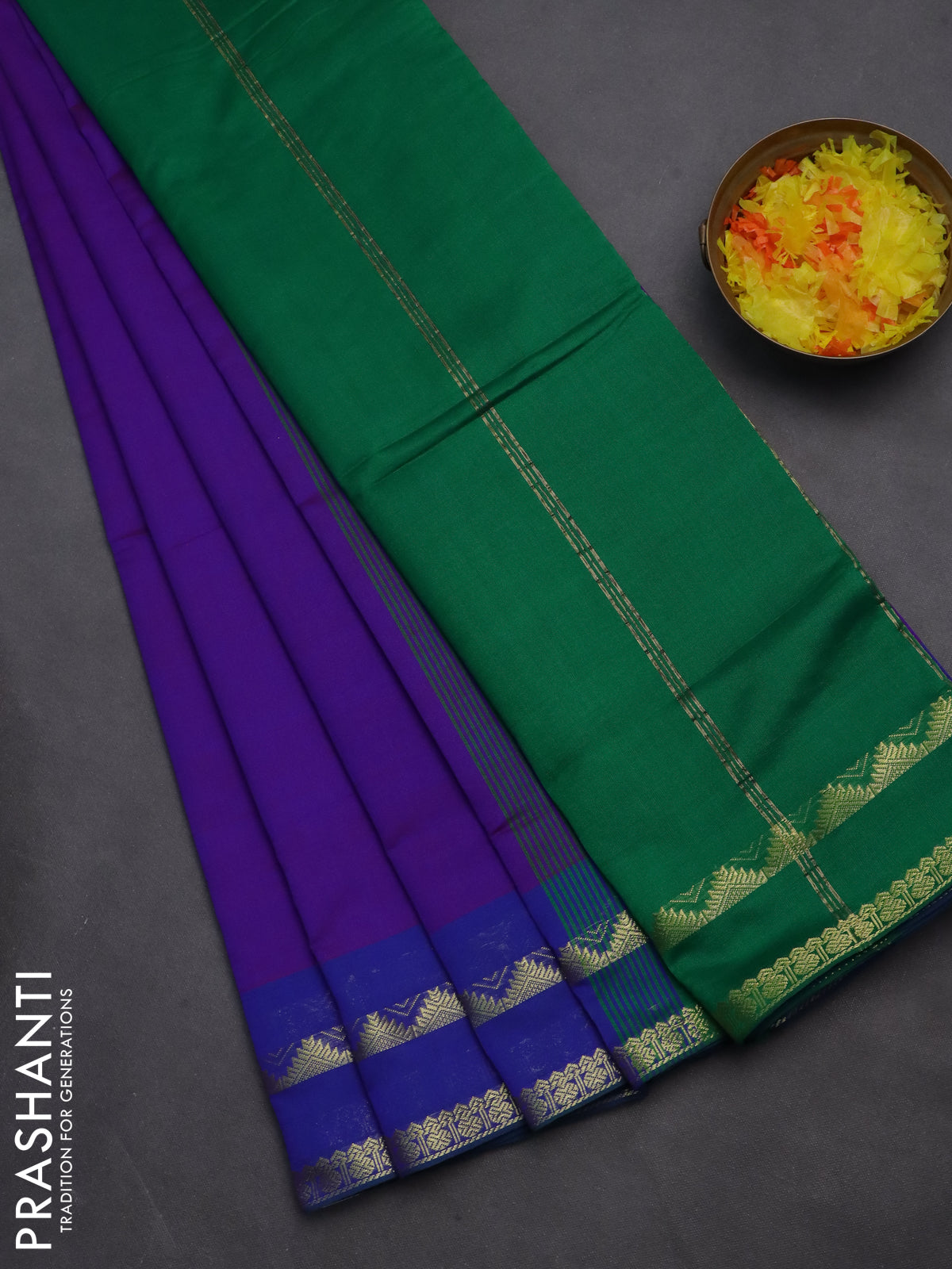 10 yards Poly cotton saree dual shade of blue and green with plain body and rettapet zari woven border
