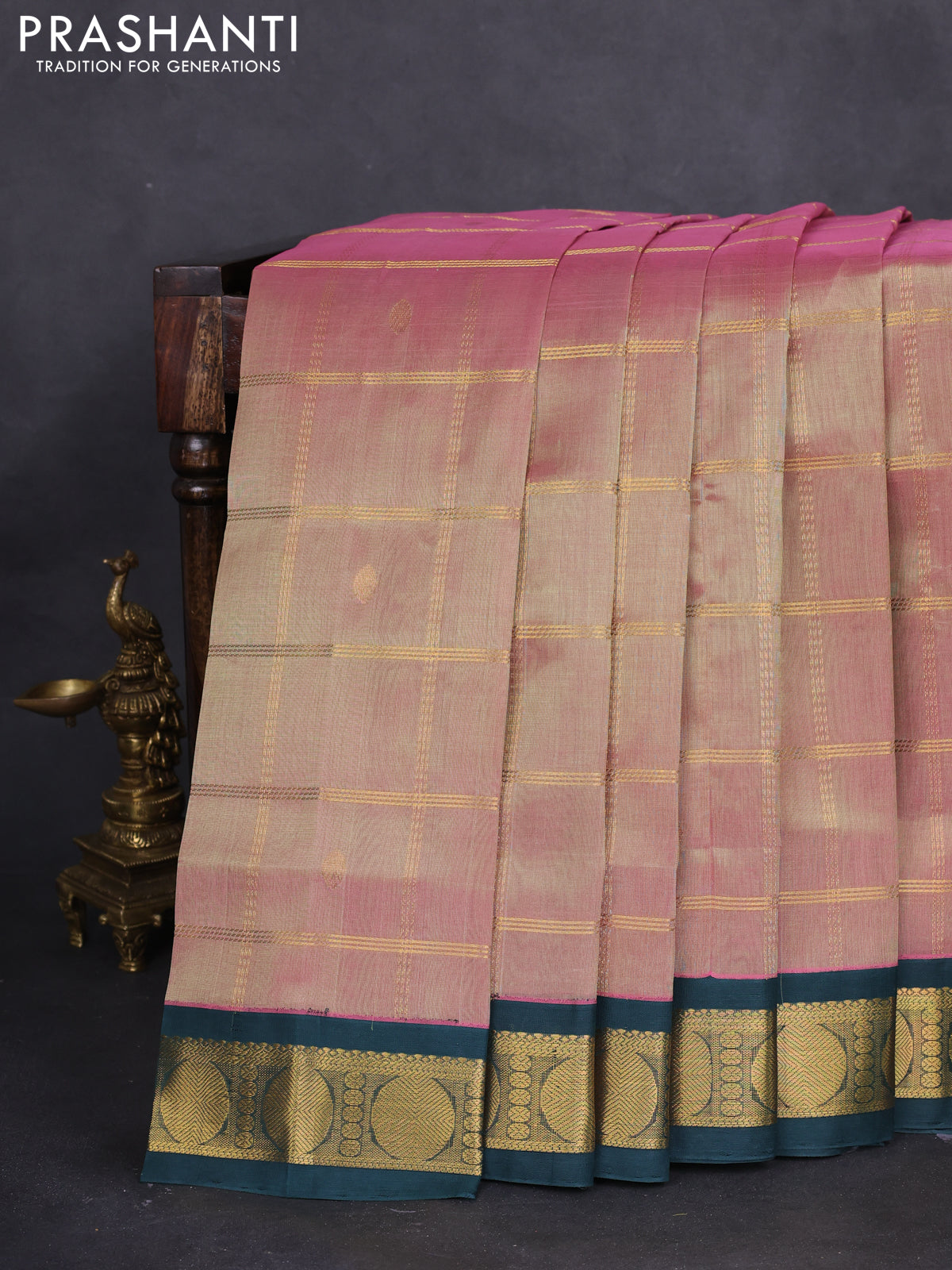 10 yards silk cotton saree dual shade of pista green and peacock green with allover zari checks & buttas and zari woven border