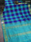 10 yards silk cotton saree teal blue and blue with allover paalum pazhamum checks & buttas and zari woven border