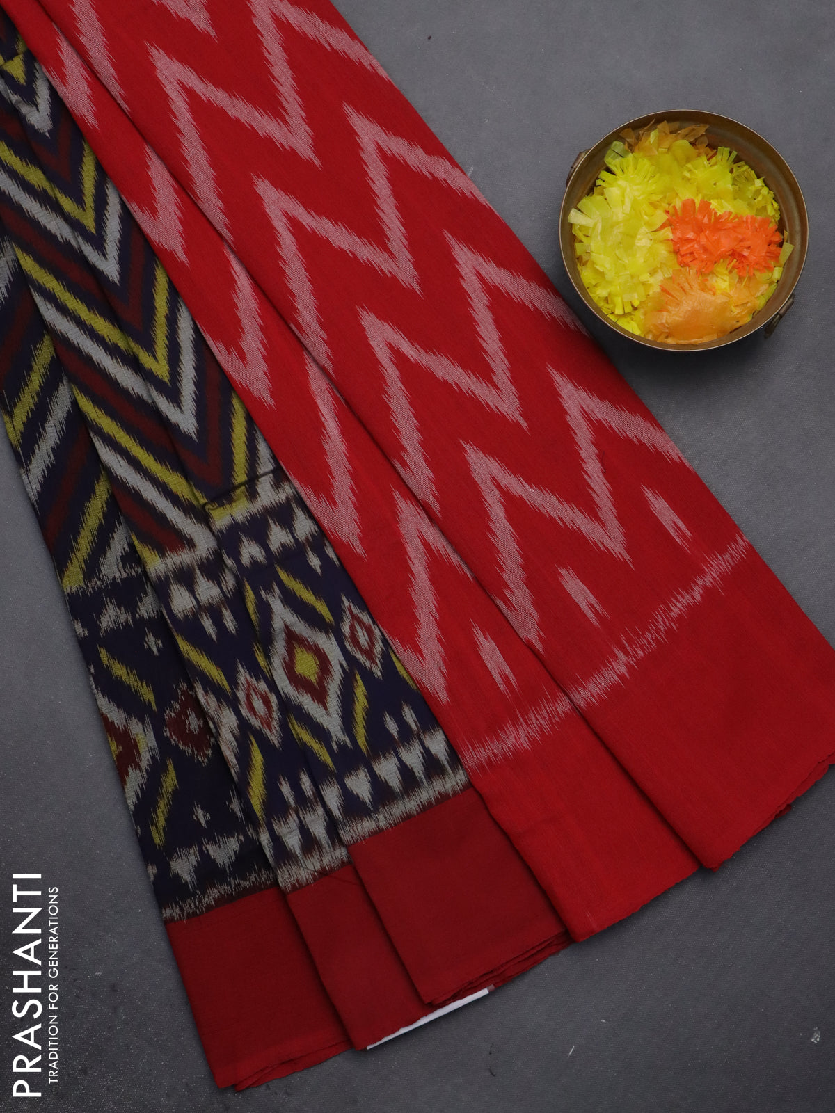 Ikat cotton saree navy blue and maroon with allover ikat weaves and simple border