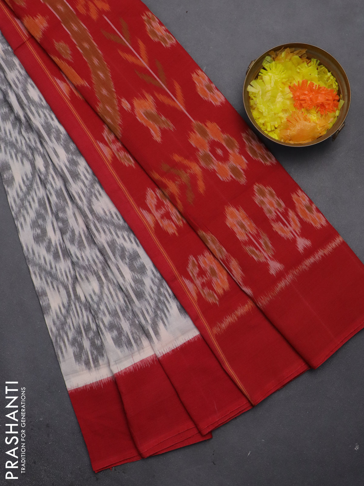 Ikat cotton saree off white grey and red with allover ikat weaves and simple border