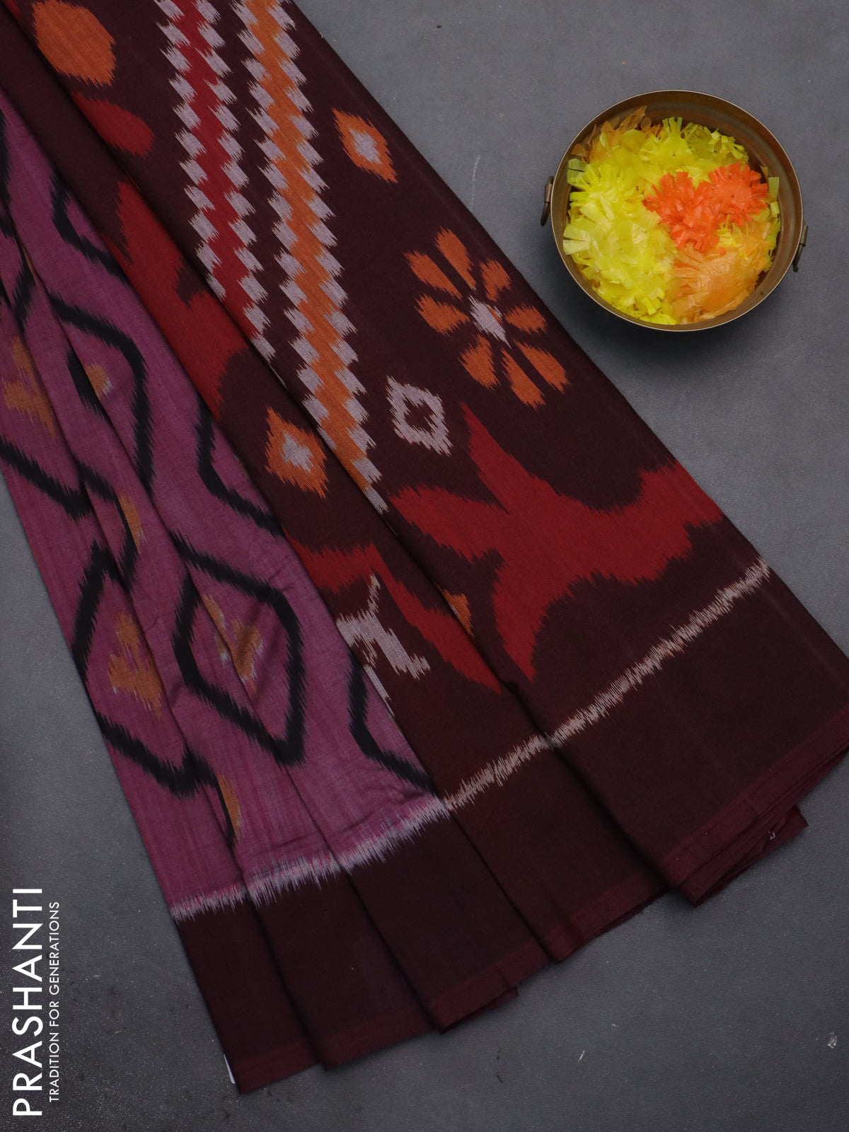 Ikat cotton saree pink shade and wine shade with allover ikat butta weaves and simple border