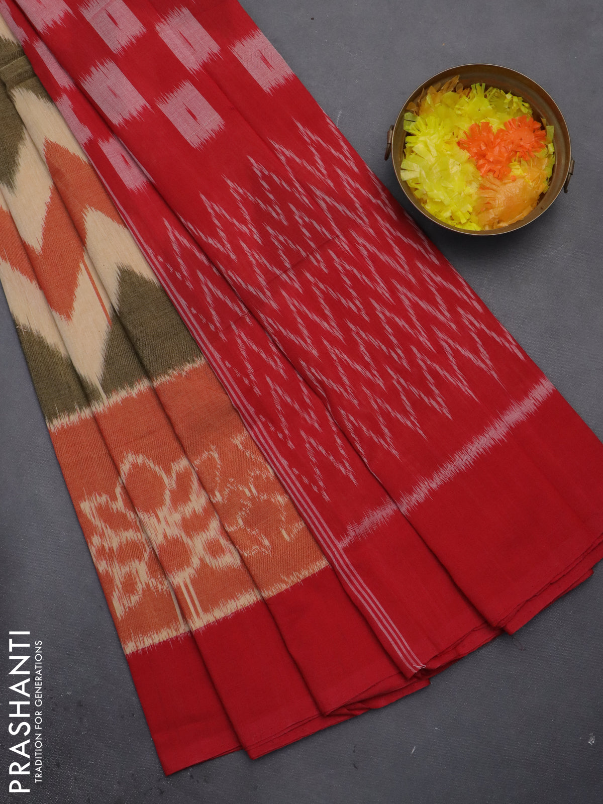 Ikat cotton saree multi colour and red rust shade with allover zig zag weaves and simple border