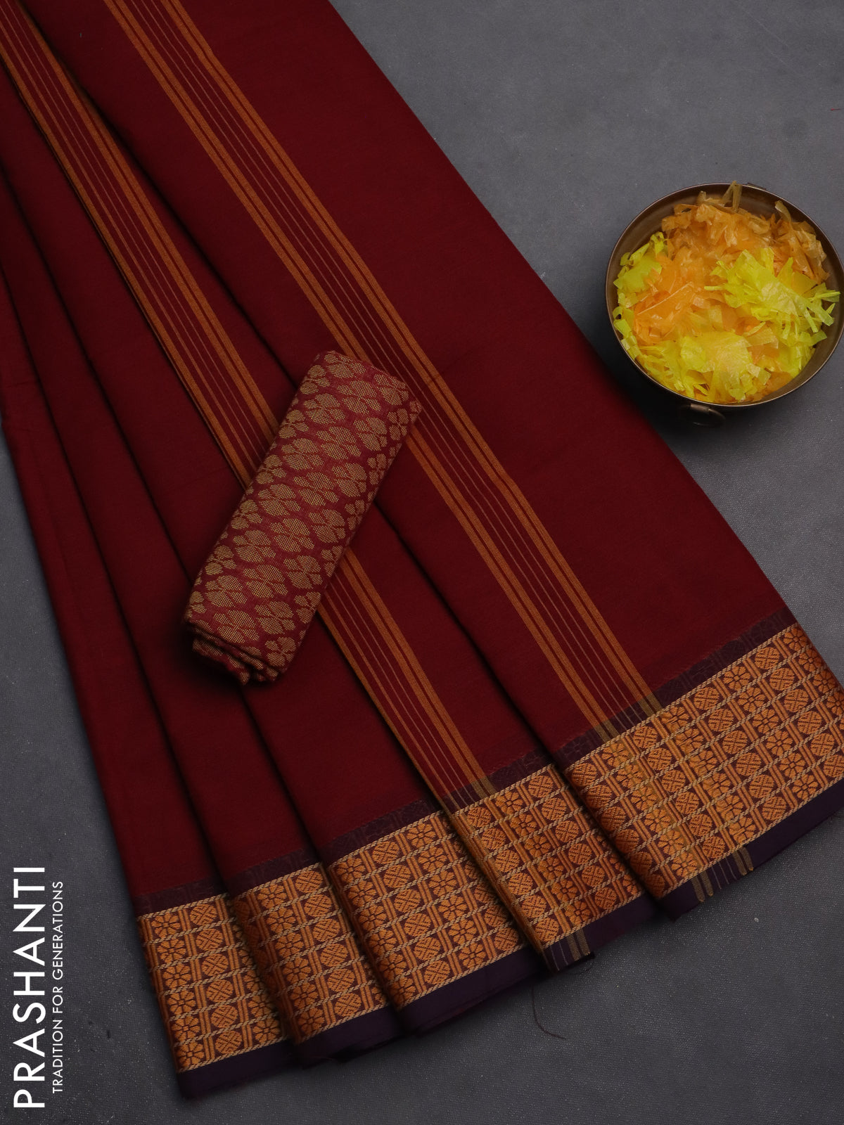 10 Yards chettinad cotton saree deep maroon and wine shade with plain body and thread woven border