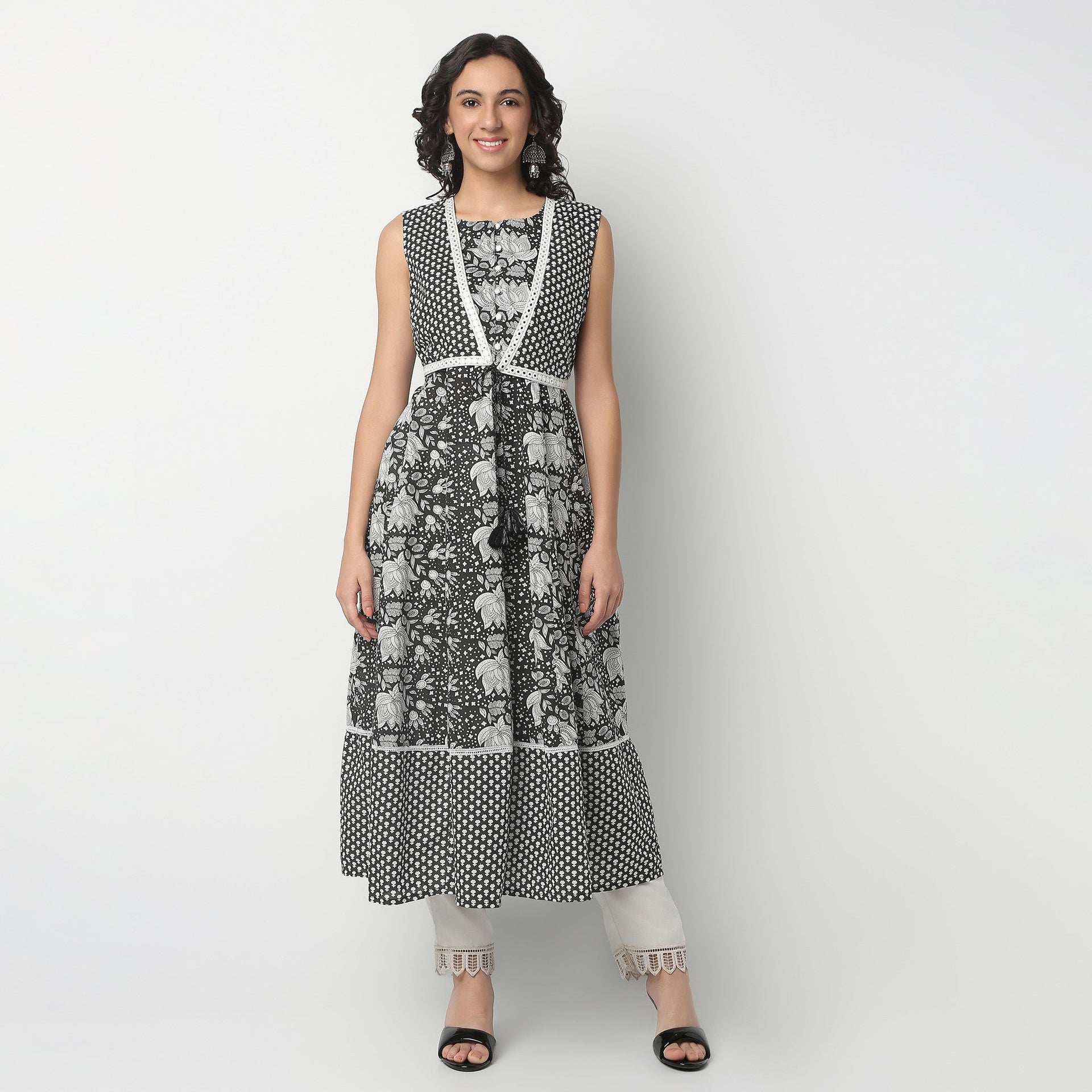 Calf Length Sleeveless Flare Fit All Over Print Kurta