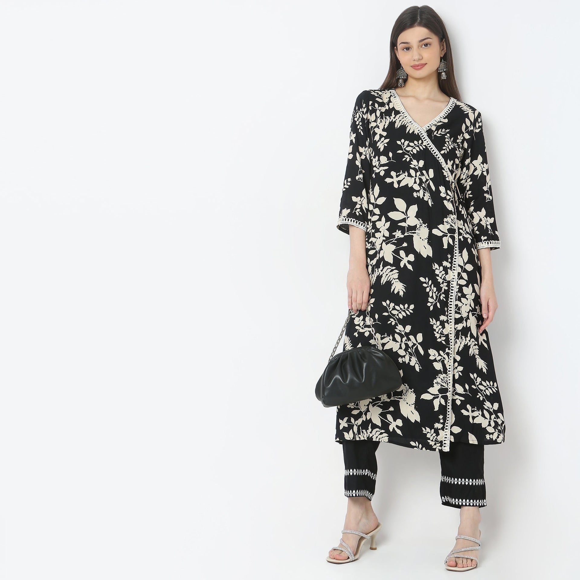 A-Line Printed Knee Length V-Neck Flared Kurta