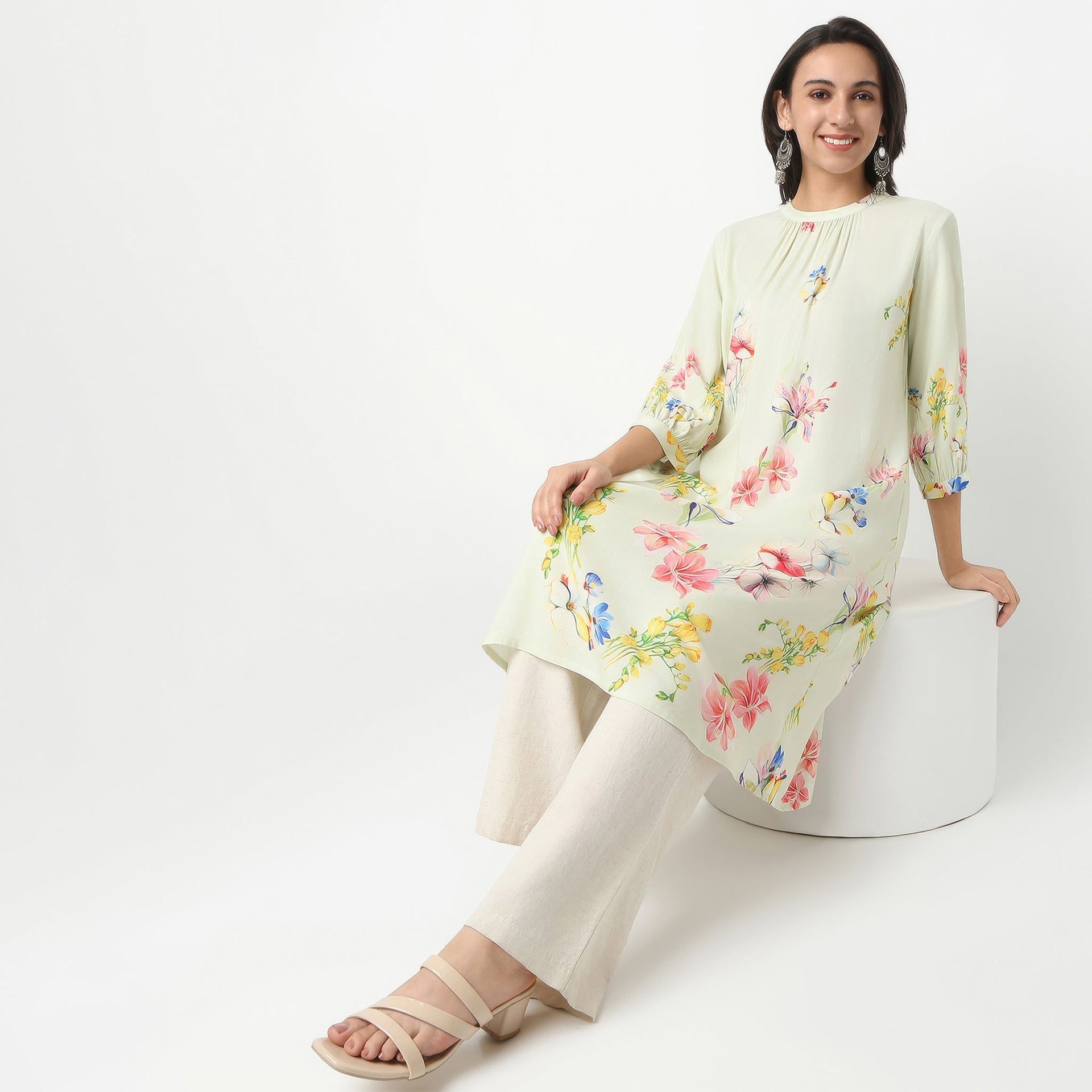 Band Neck Below Knee Three-Fourth Sleeve Flare Fit Printed Kurta