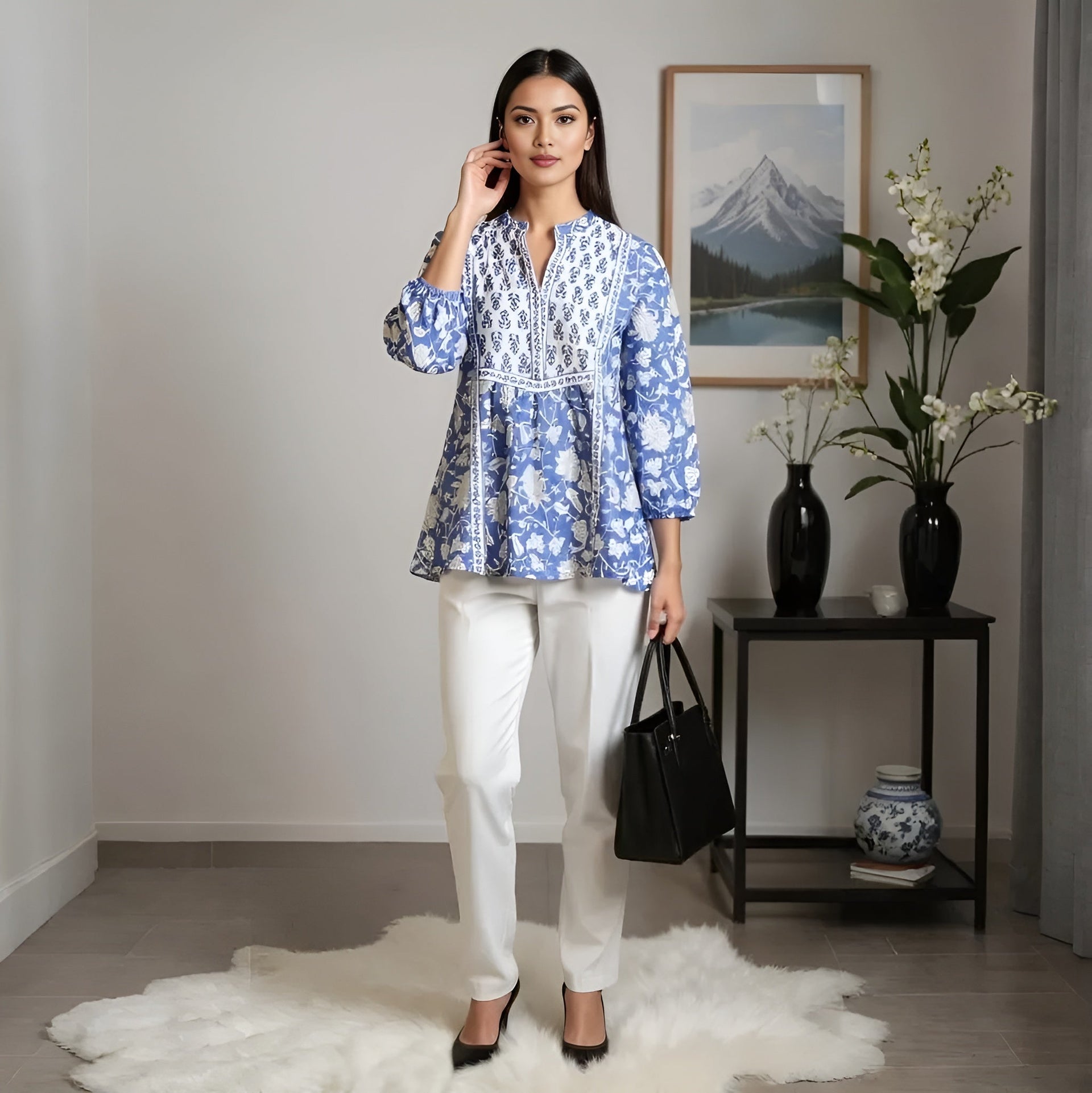 Band Collar Printed Flared Short Kurta