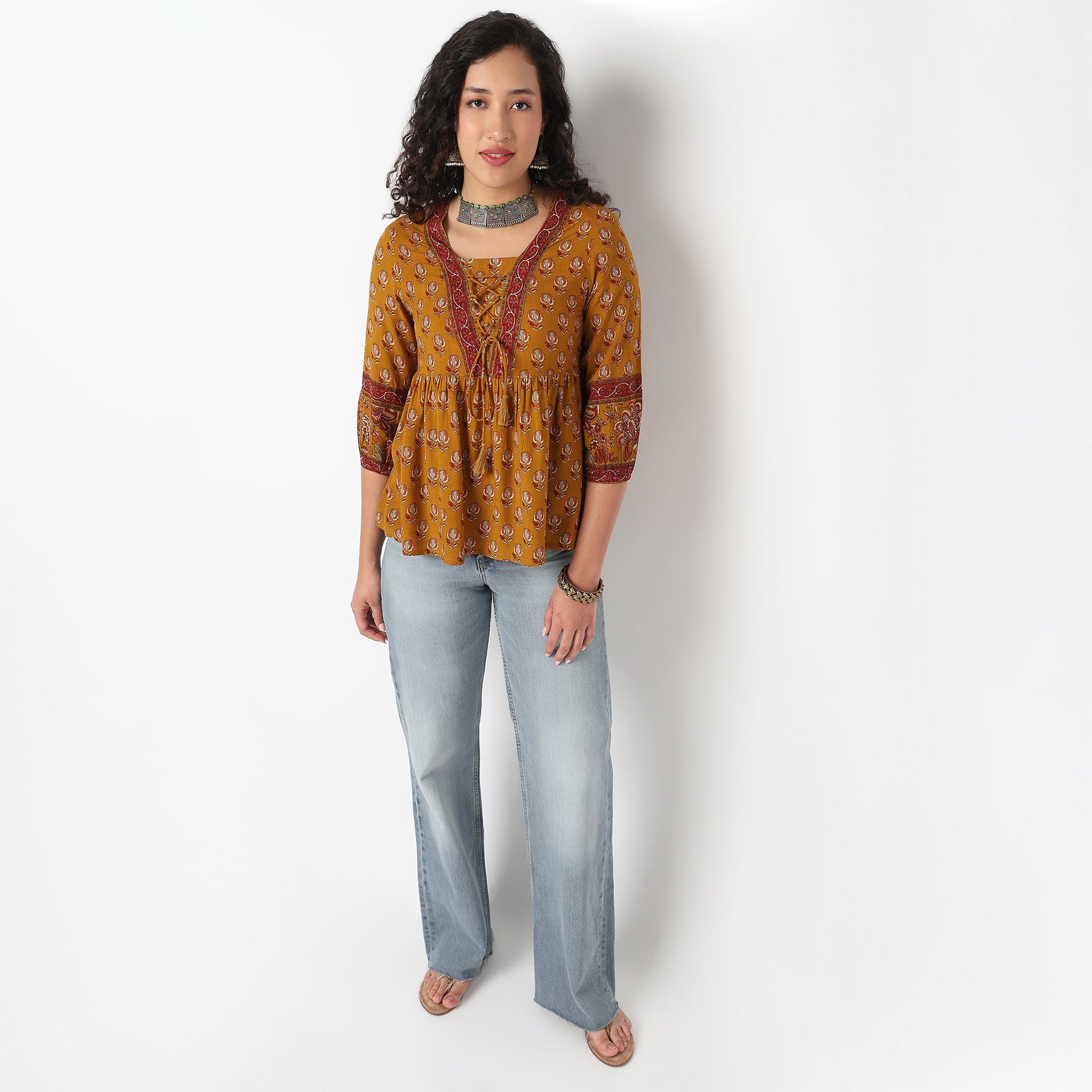 Printed V Neck A line Tunic