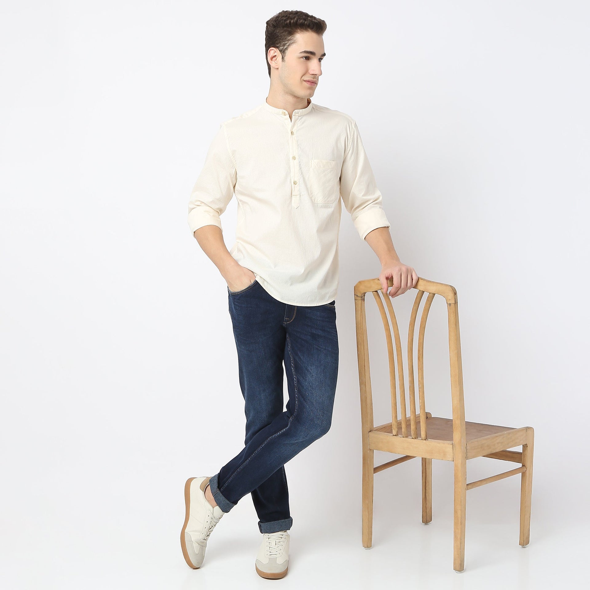 Camper™ Shirt - Cotton Self Structure - Band Collar Regular Fit Shirt