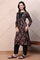 Black Ajrak Printed Satin Flared Kurta with Aari Embroidery on Yoke