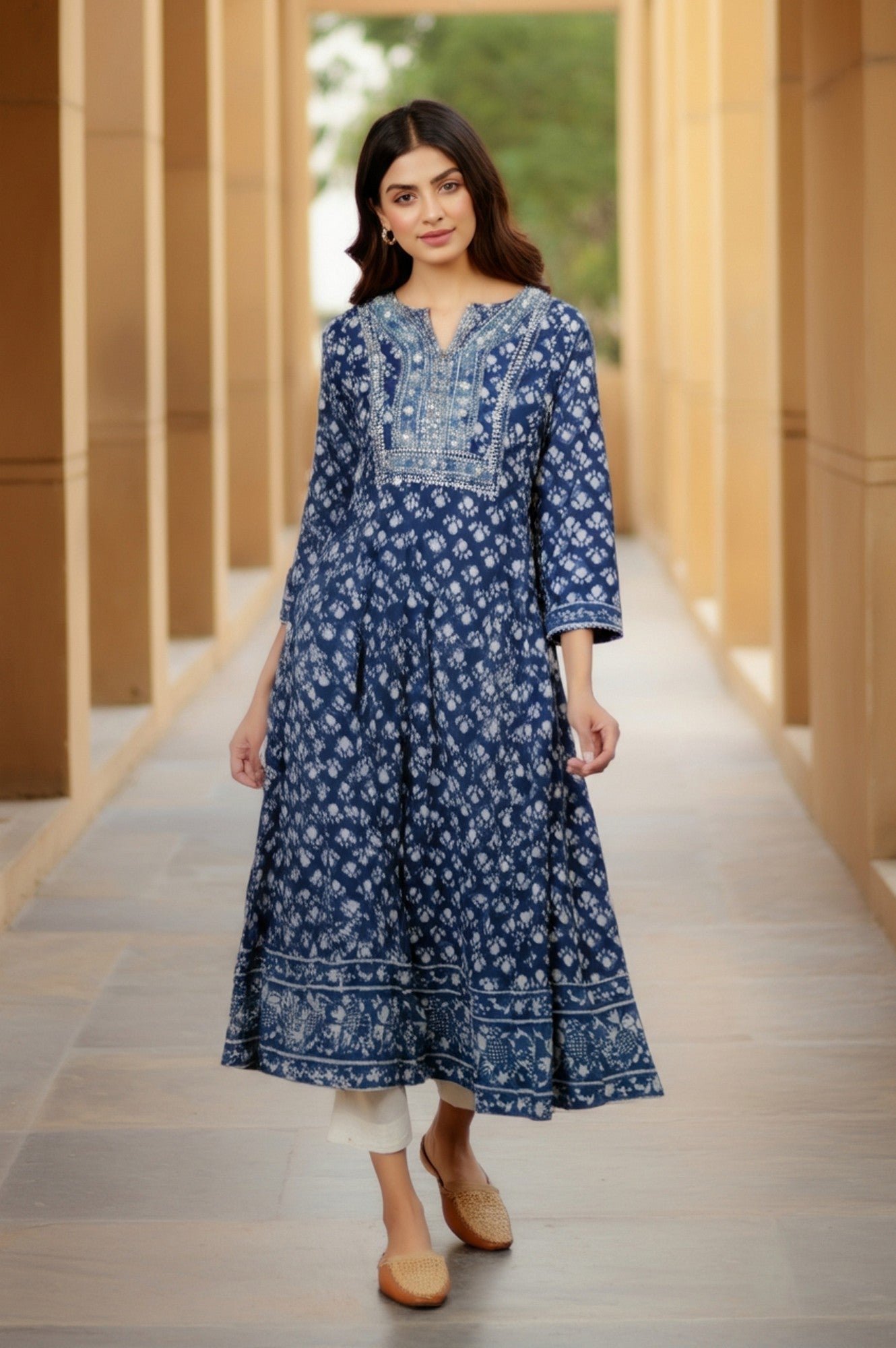 Blue Block Print Mirror Work Flared Cotton Kurta