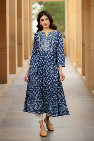 Blue Block Print Mirror Work Flared Cotton Kurta