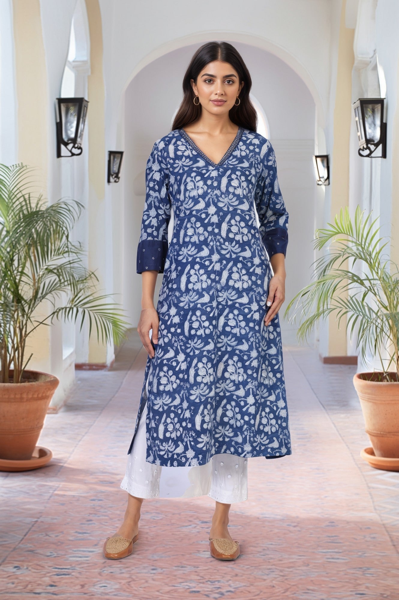 Blue Block Print Mirror Work Straight Cotton Kurta