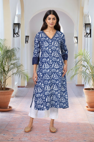 Blue Block Print Mirror Work Straight Cotton Kurta