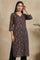 Brown Block Printed Sequins Satin Straight Kurta