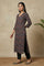 Brown Block Printed Sequins Satin Straight Kurta