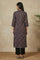 Brown Block Printed Sequins Satin Straight Kurta