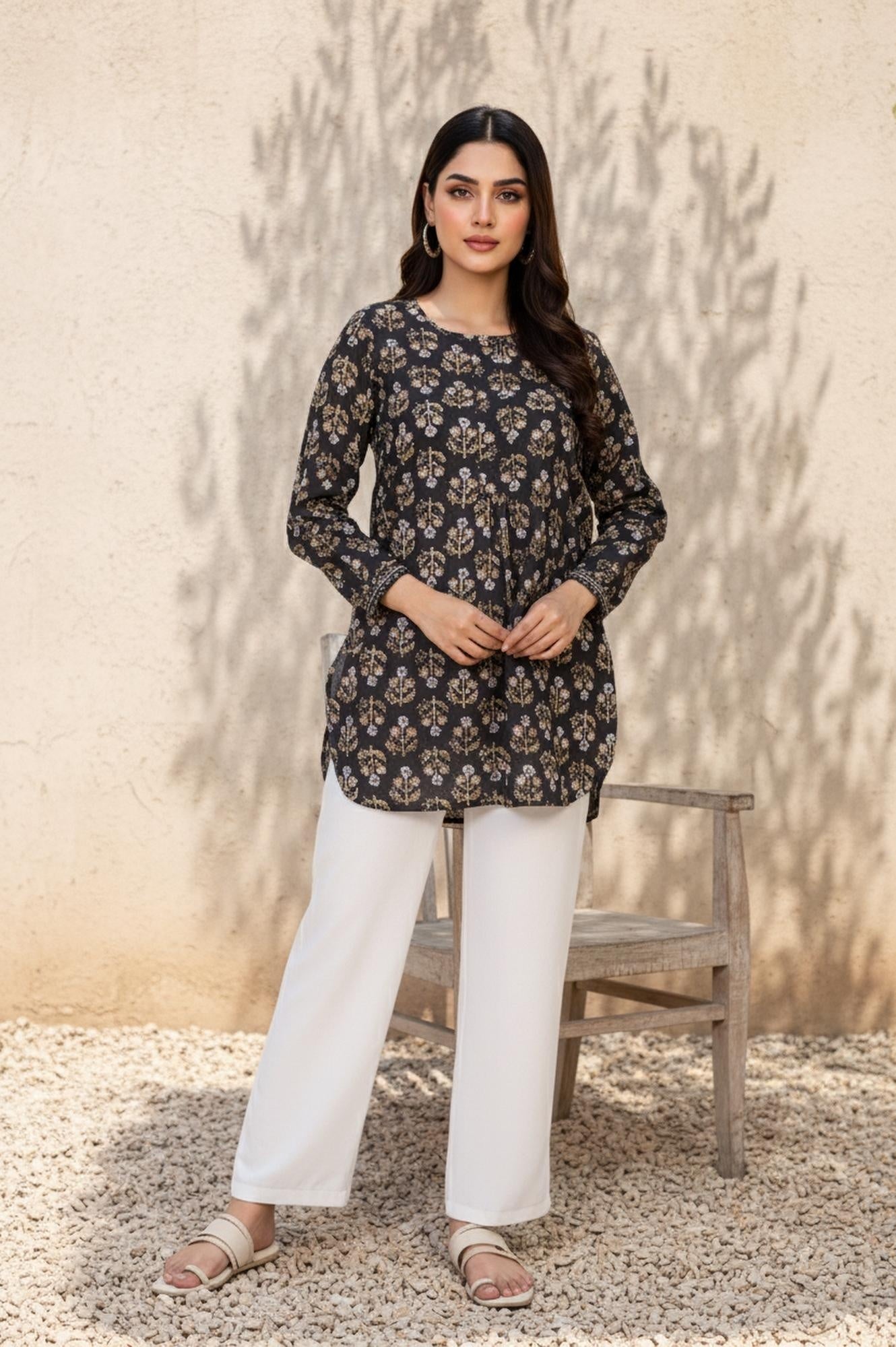 Black Floral Print Straight Cotton Top