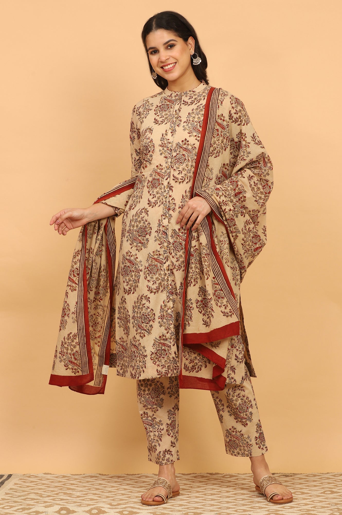 Beige Kalamkari Printed Kurta, Straight Pants and Dupatta Set