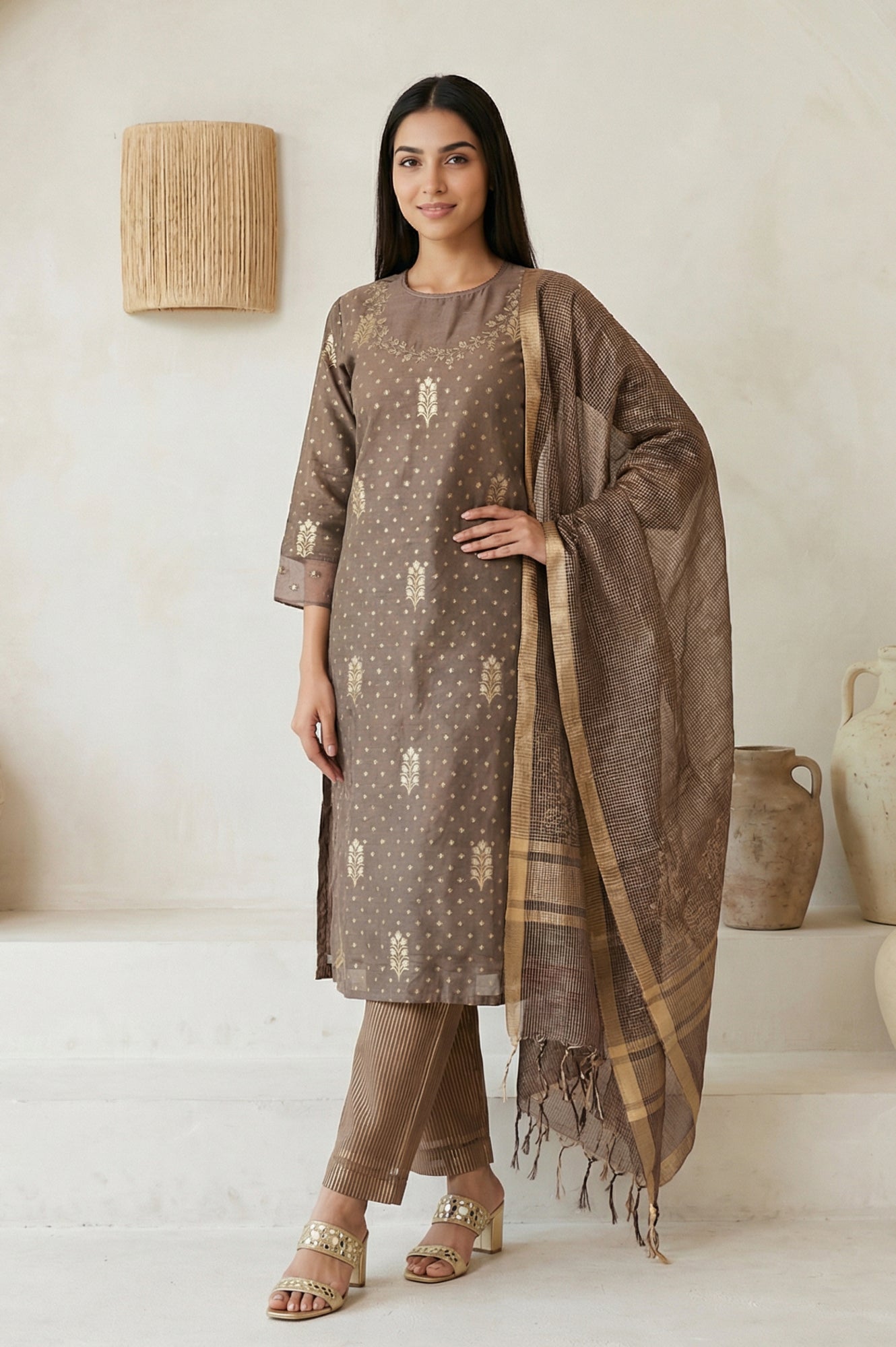Brown Embroidered Jacquard Straight Kurta with Pants and Dupatta Set