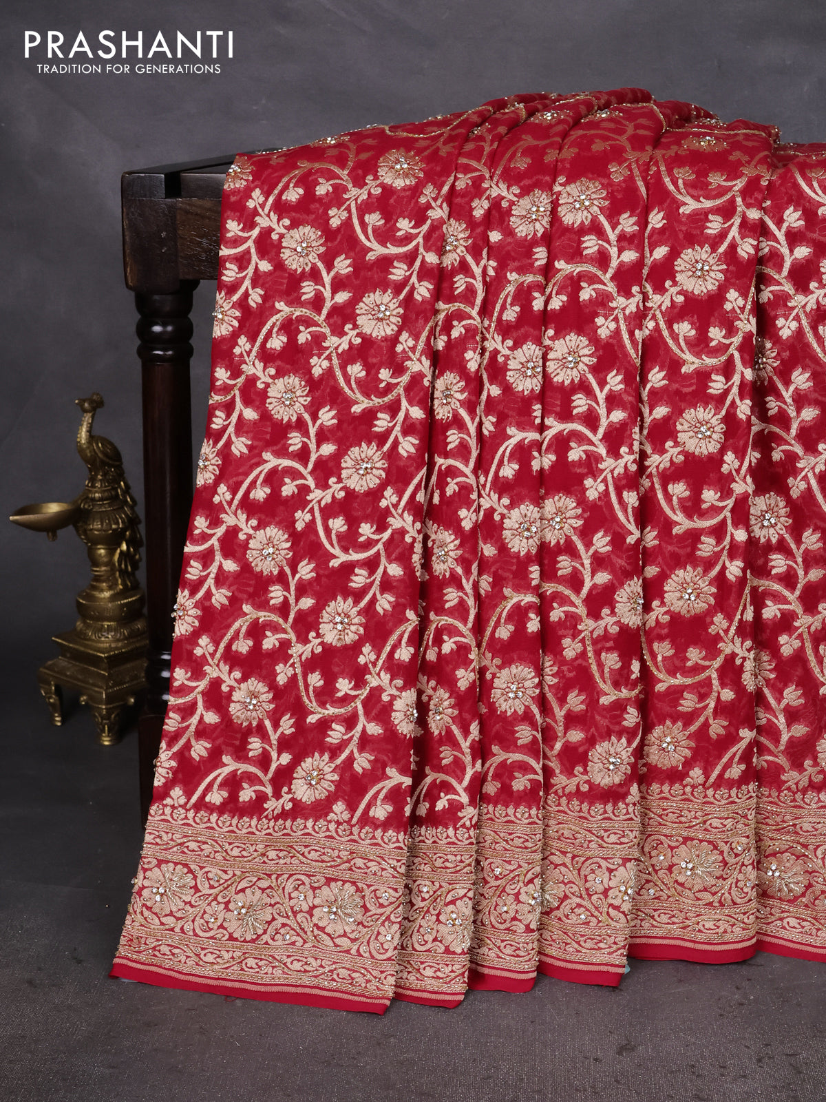 Banarasi georgette saree red with allover jaal weaves & stone work and zardosi work border