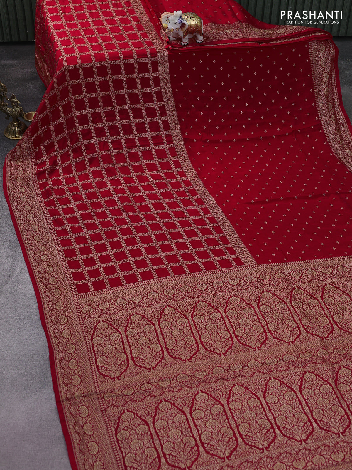 Banarasi crepe saree red with half & half style and woven border