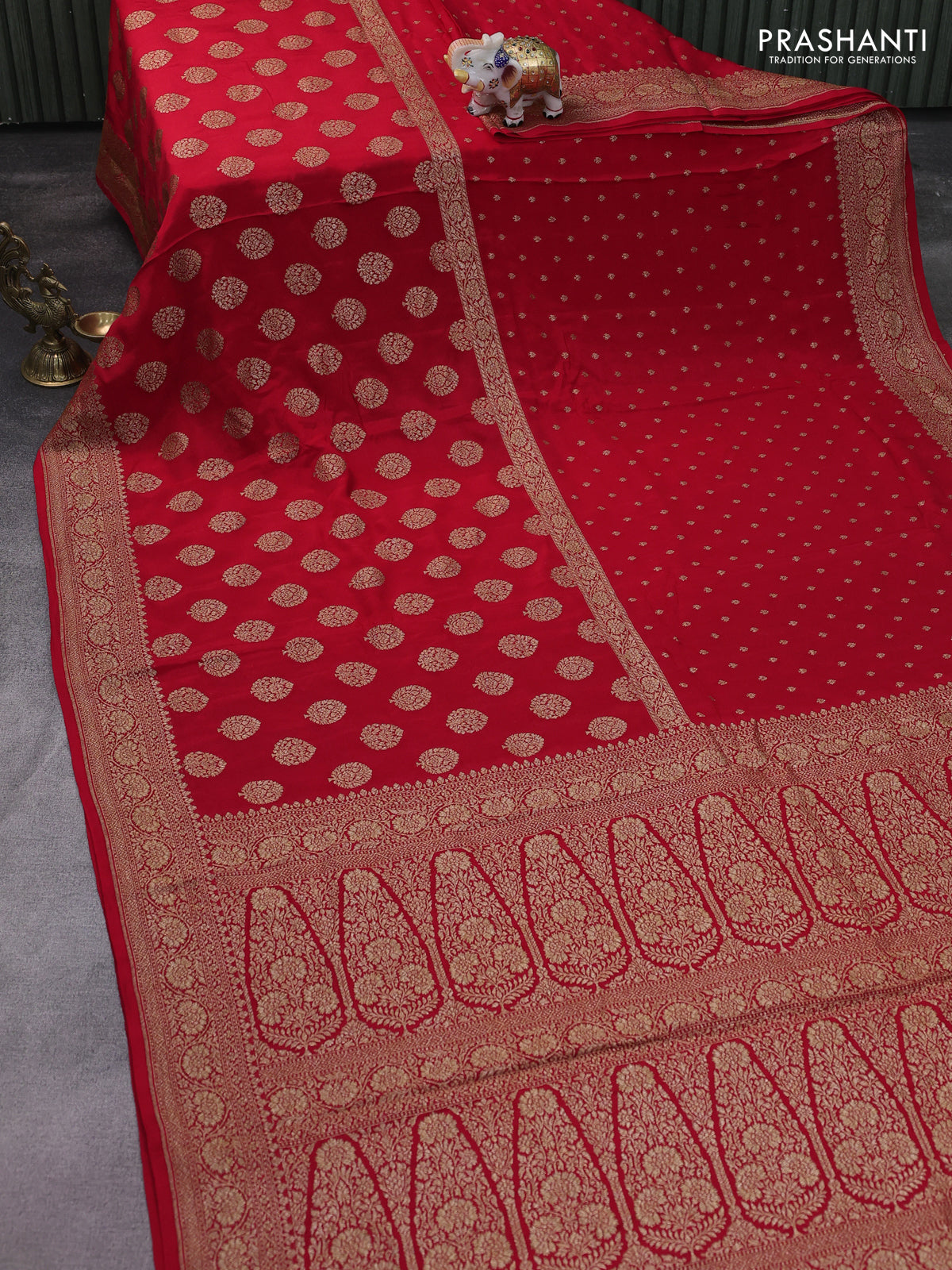 Banarasi crepe saree red with half & half style and woven border