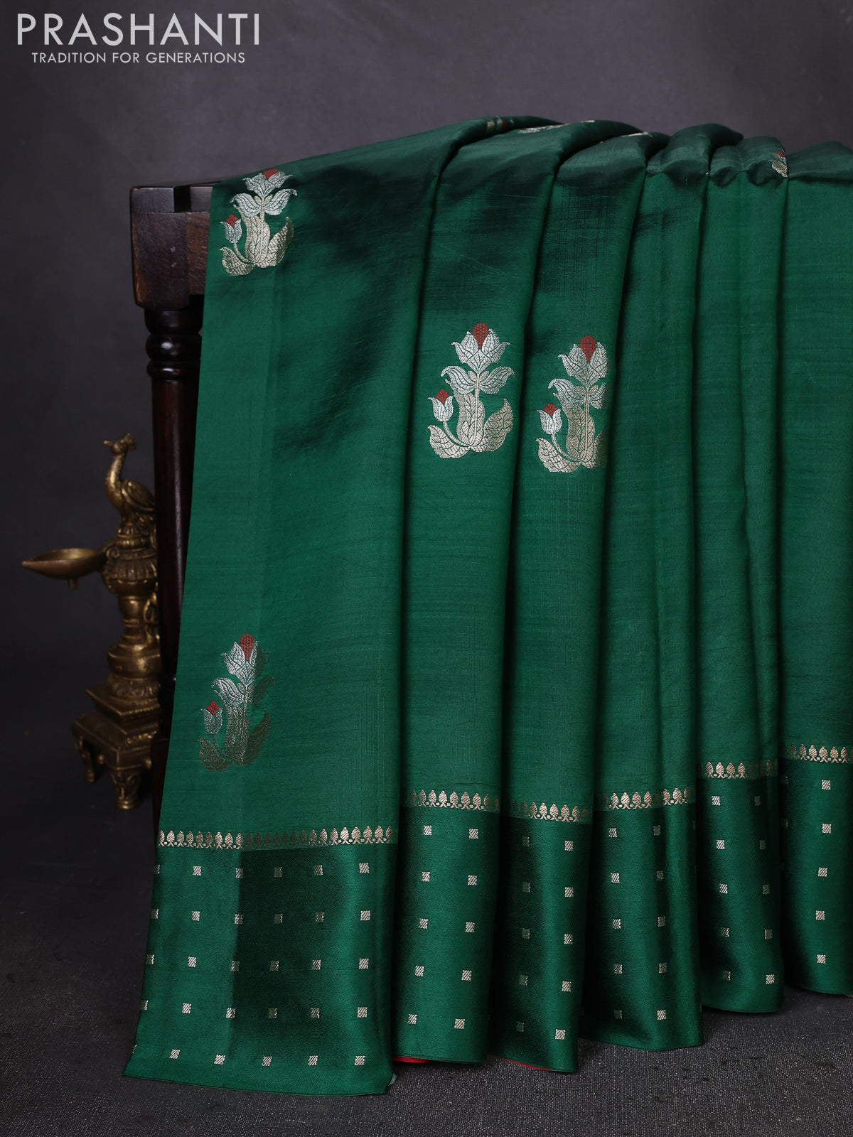 Banarasi poona silk saree green and red with zari woven buttas and zari woven butta border