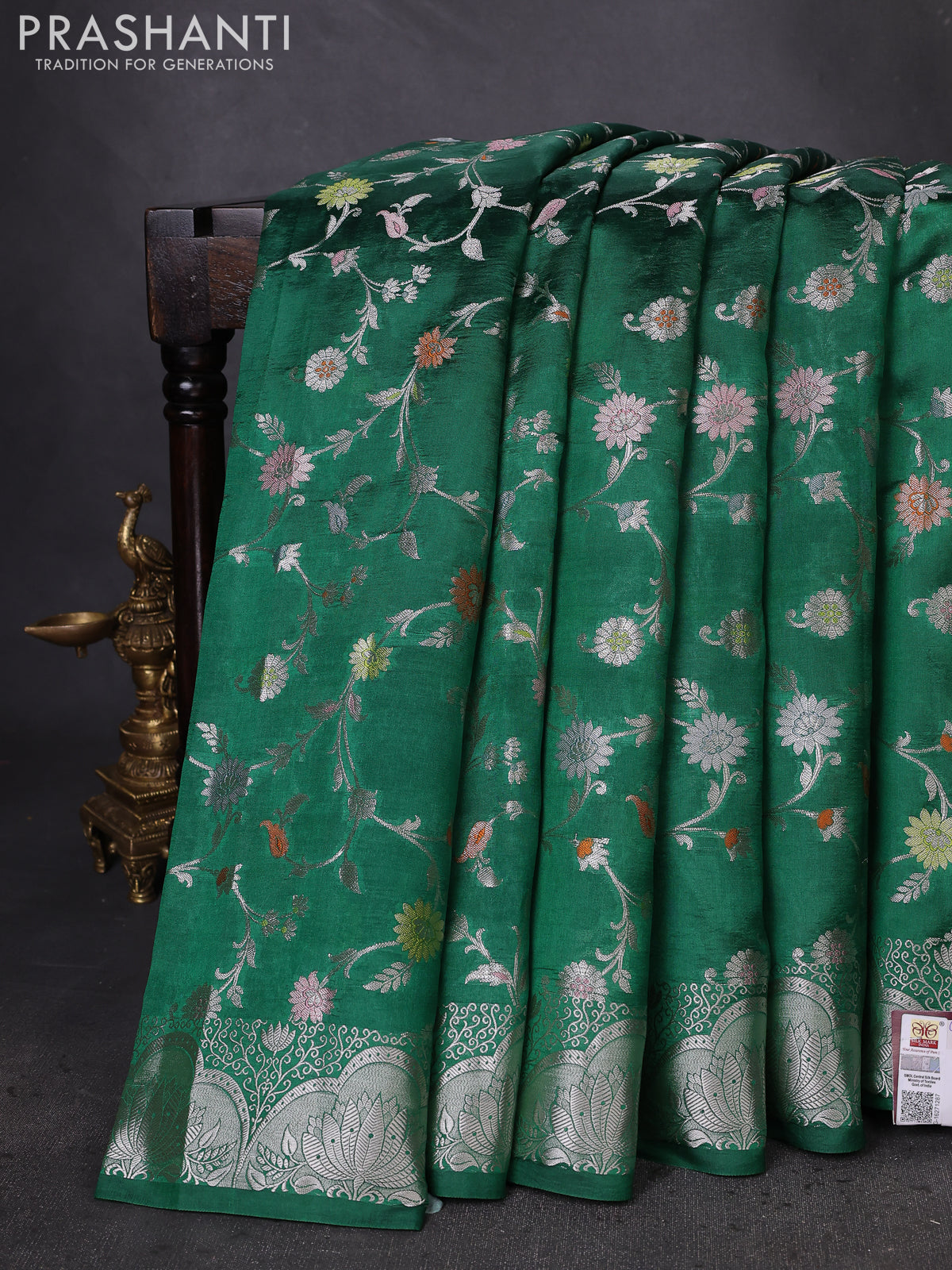 Banarasi poona silk saree green with allover silver zari weaves and silver zari woven border