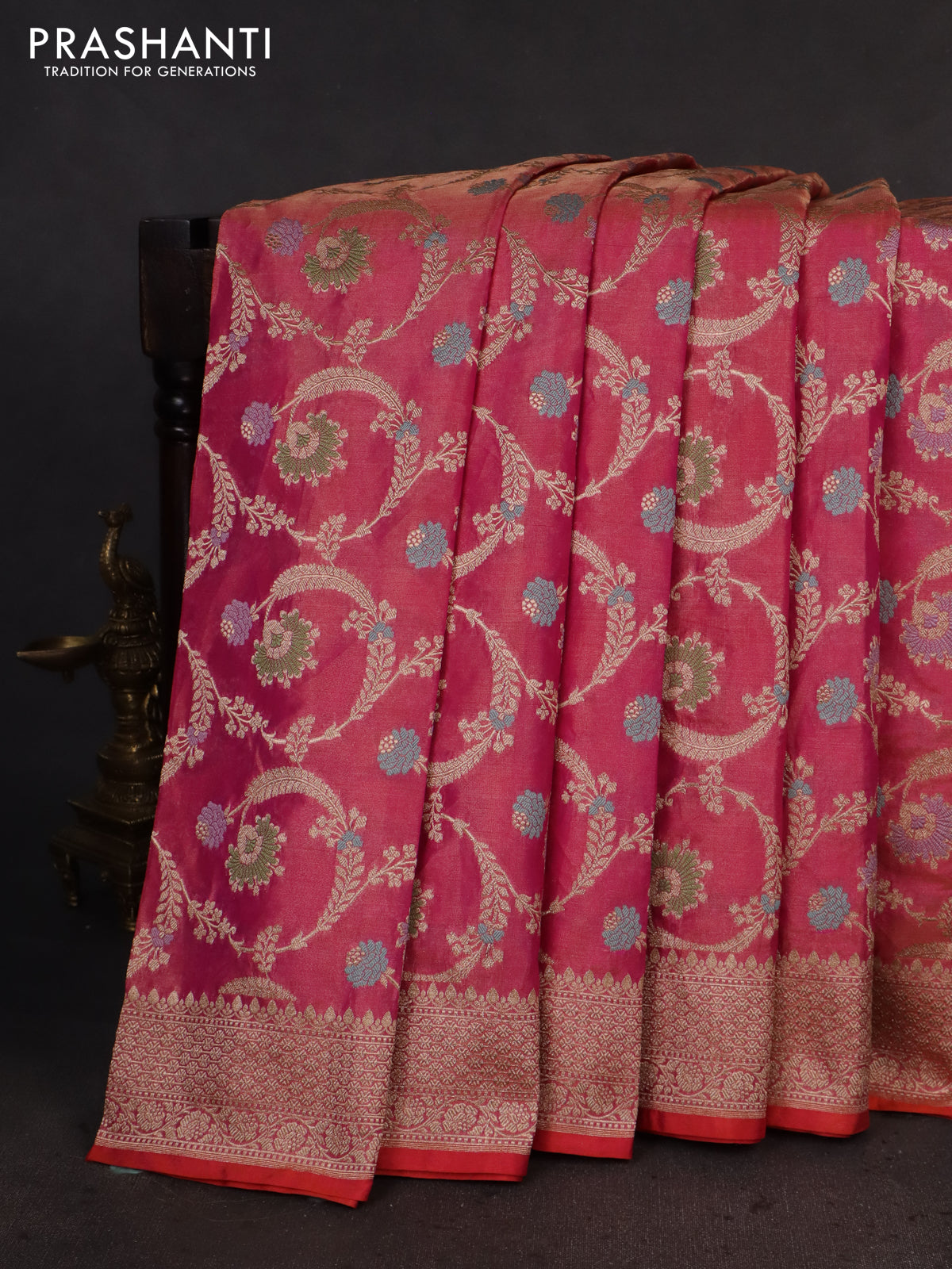Banarasi tissue silk saree pink with allover zari woven brocade weaves and zari woven border
