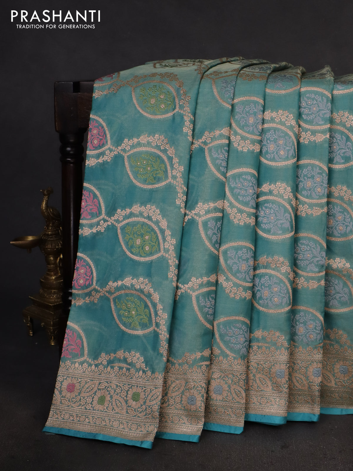 Banarasi tissue silk saree teal blue with allover zari woven brocade weaves and zari woven border