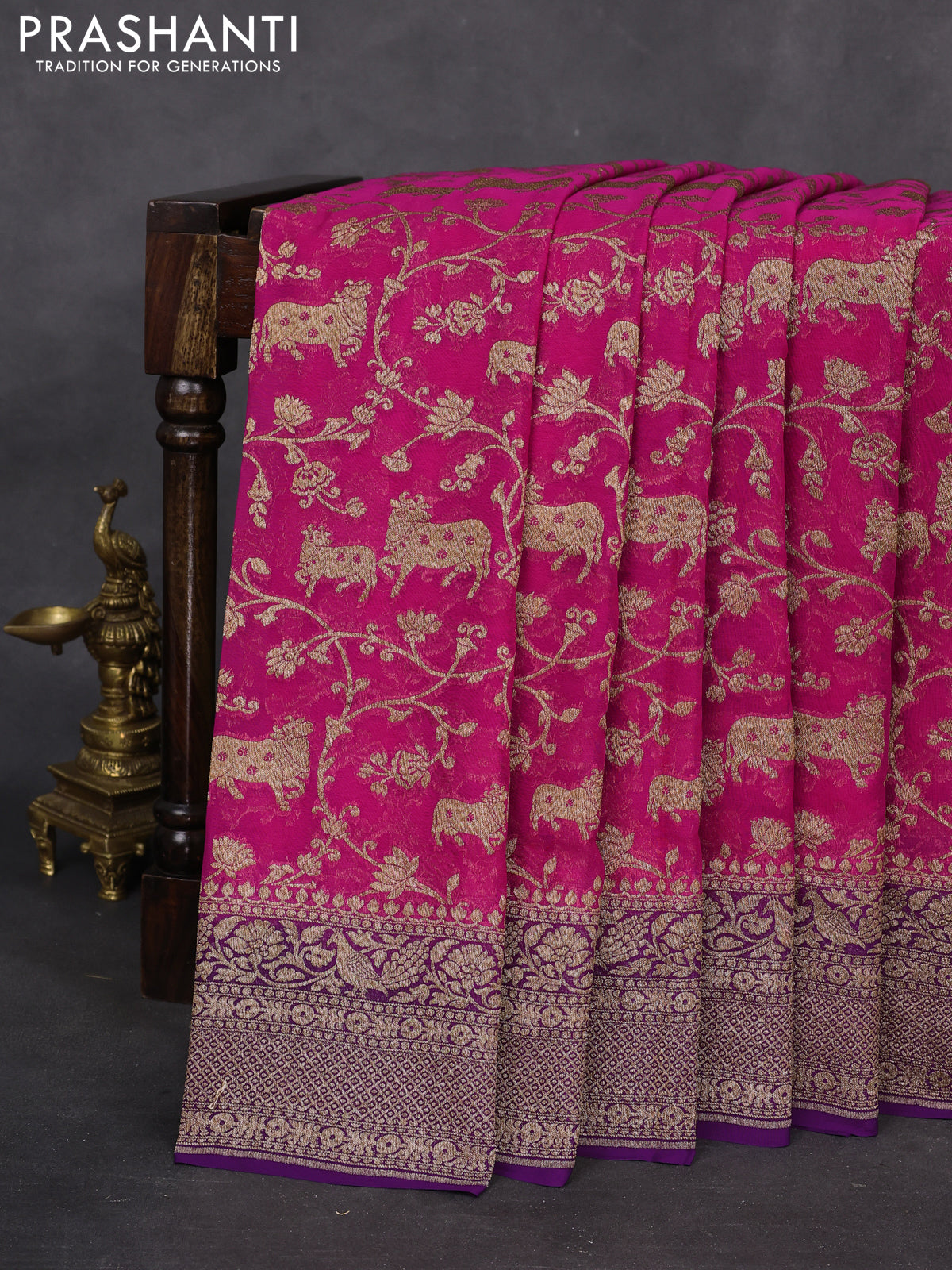 Banarasi georgette saree pink and violet with allover thread & zari weaves and woven border