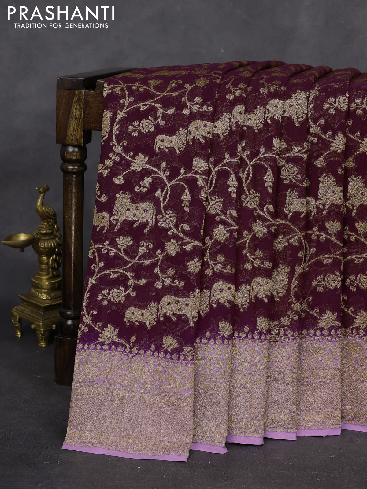 Banarasi georgette saree wine shade and lavender with allover thread & zari weaves and woven border