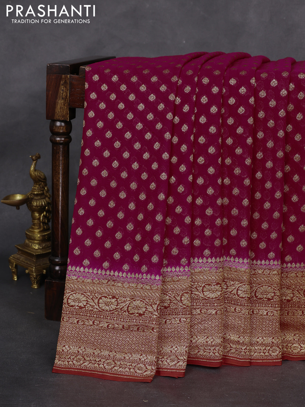 Banarasi georgette saree pink and orange with allover woven buttas and woven border