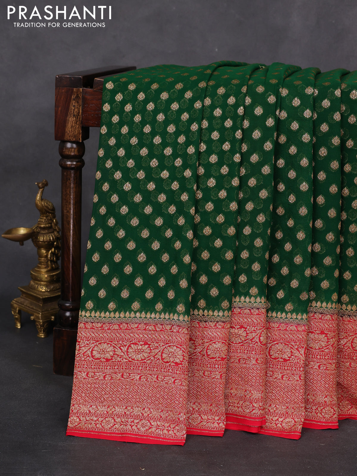 Banarasi georgette saree green and red with allover woven buttas and woven border