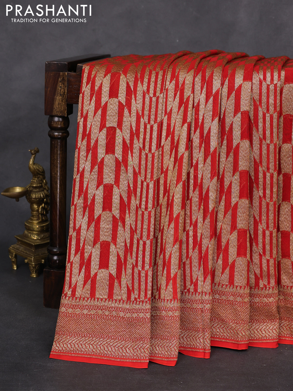 Banarasi georgette saree orange with allover geometric weaves and woven border