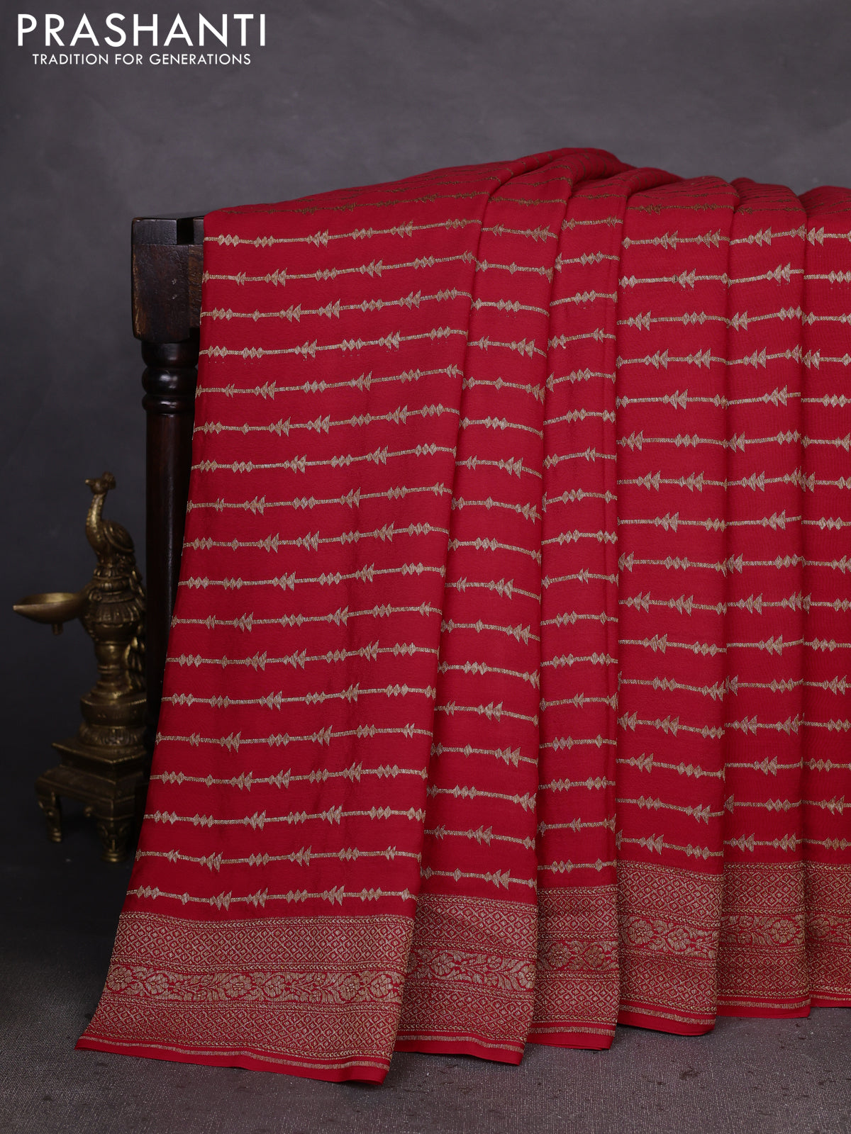 Banarasi crepe saree red with allover geometric weaves and woven border