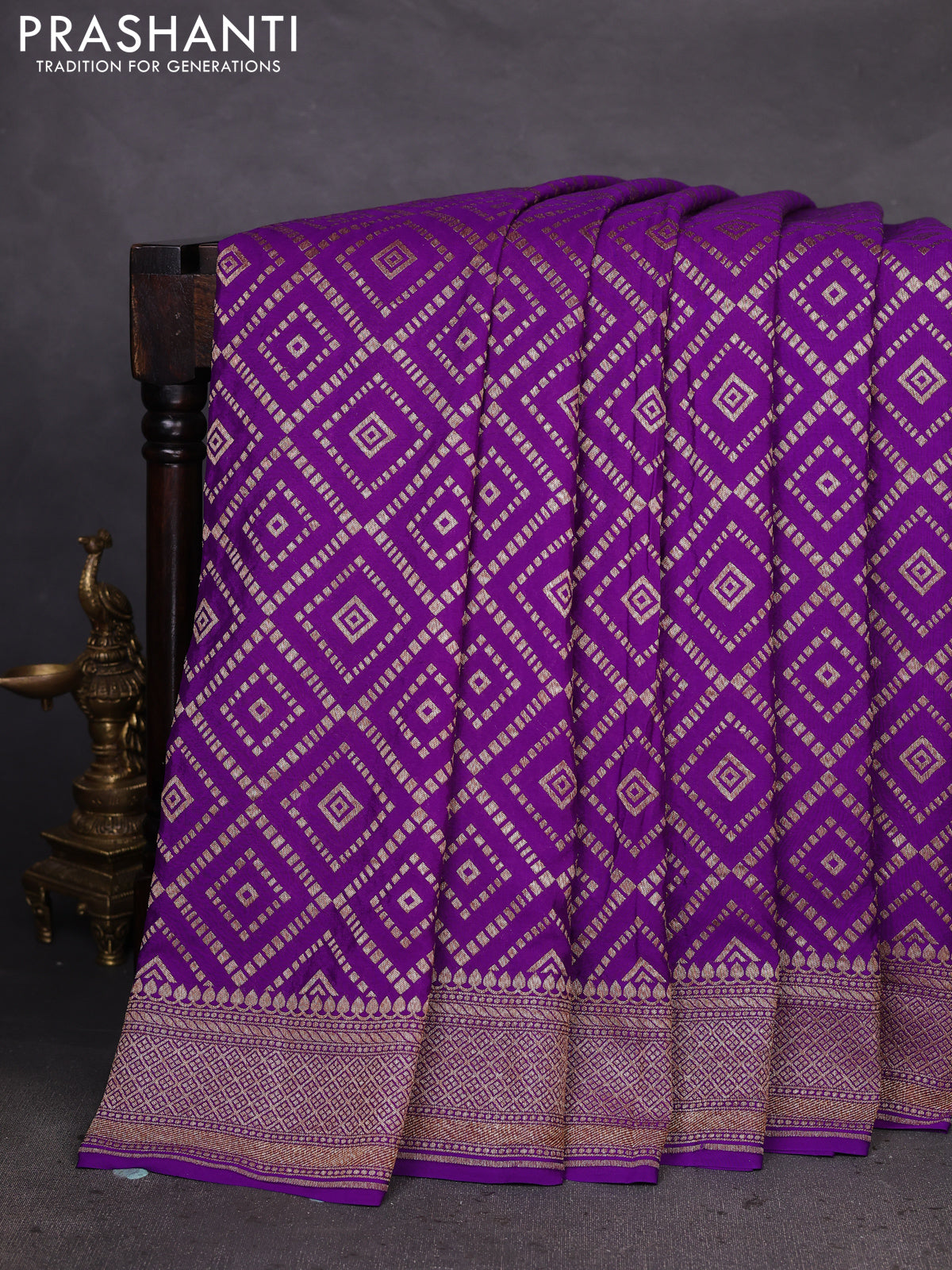 Banarasi crepe saree violet with allover geometric weaves and woven border