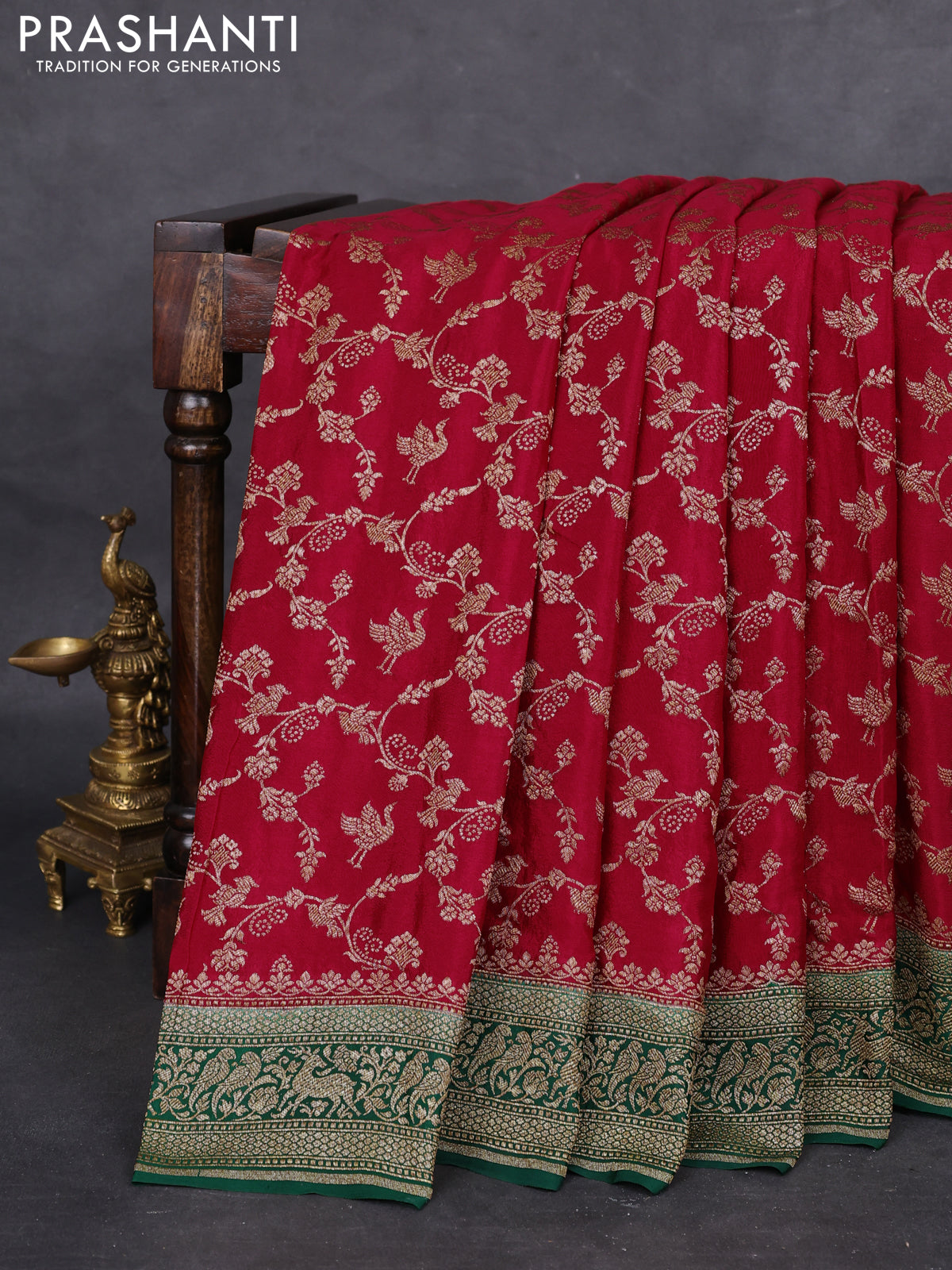 Banarasi crepe saree red and green with allover thread & zari weaves and woven border