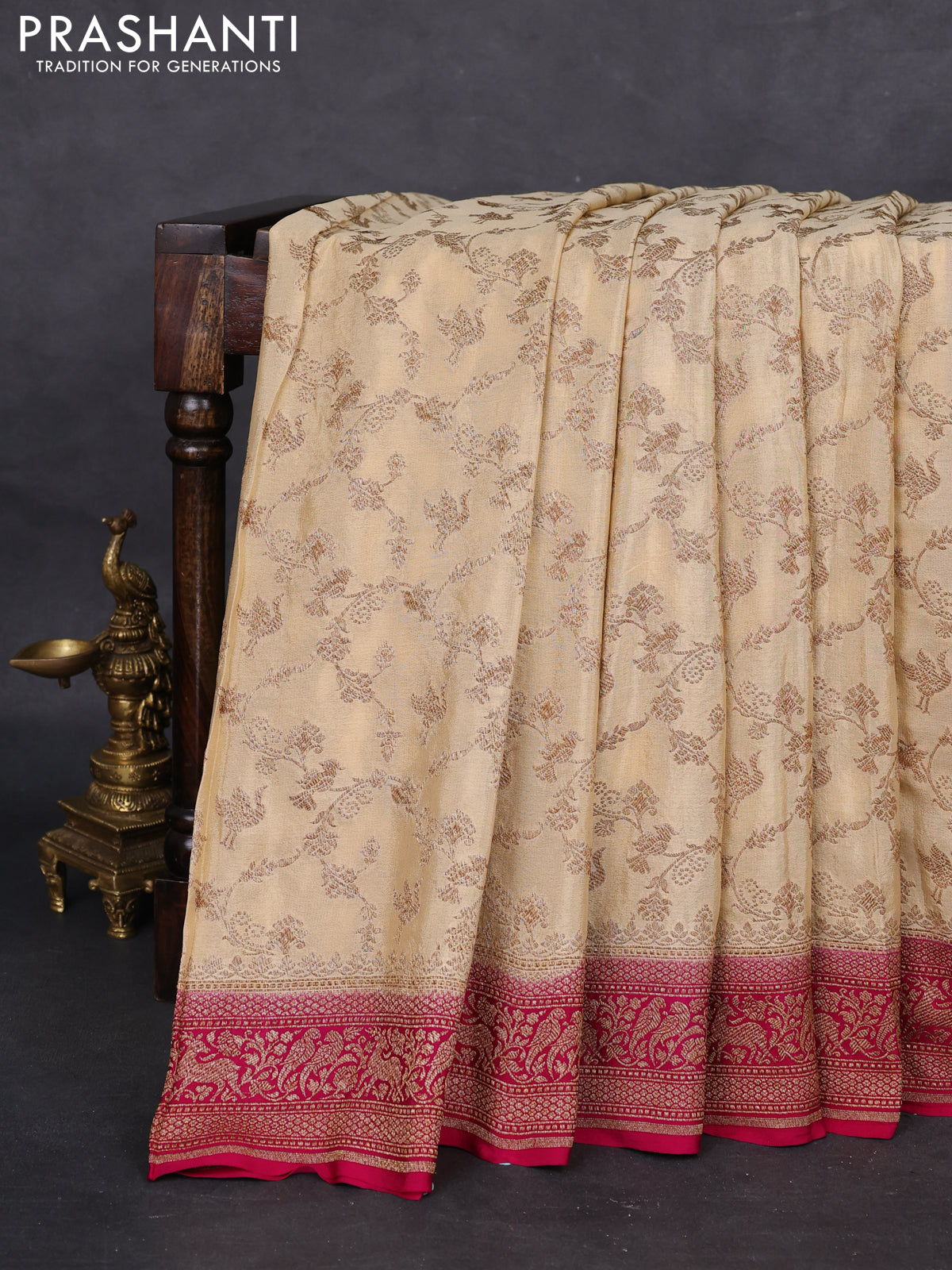 Banarasi crepe saree sandal and pink with allover thread & zari weaves and woven border