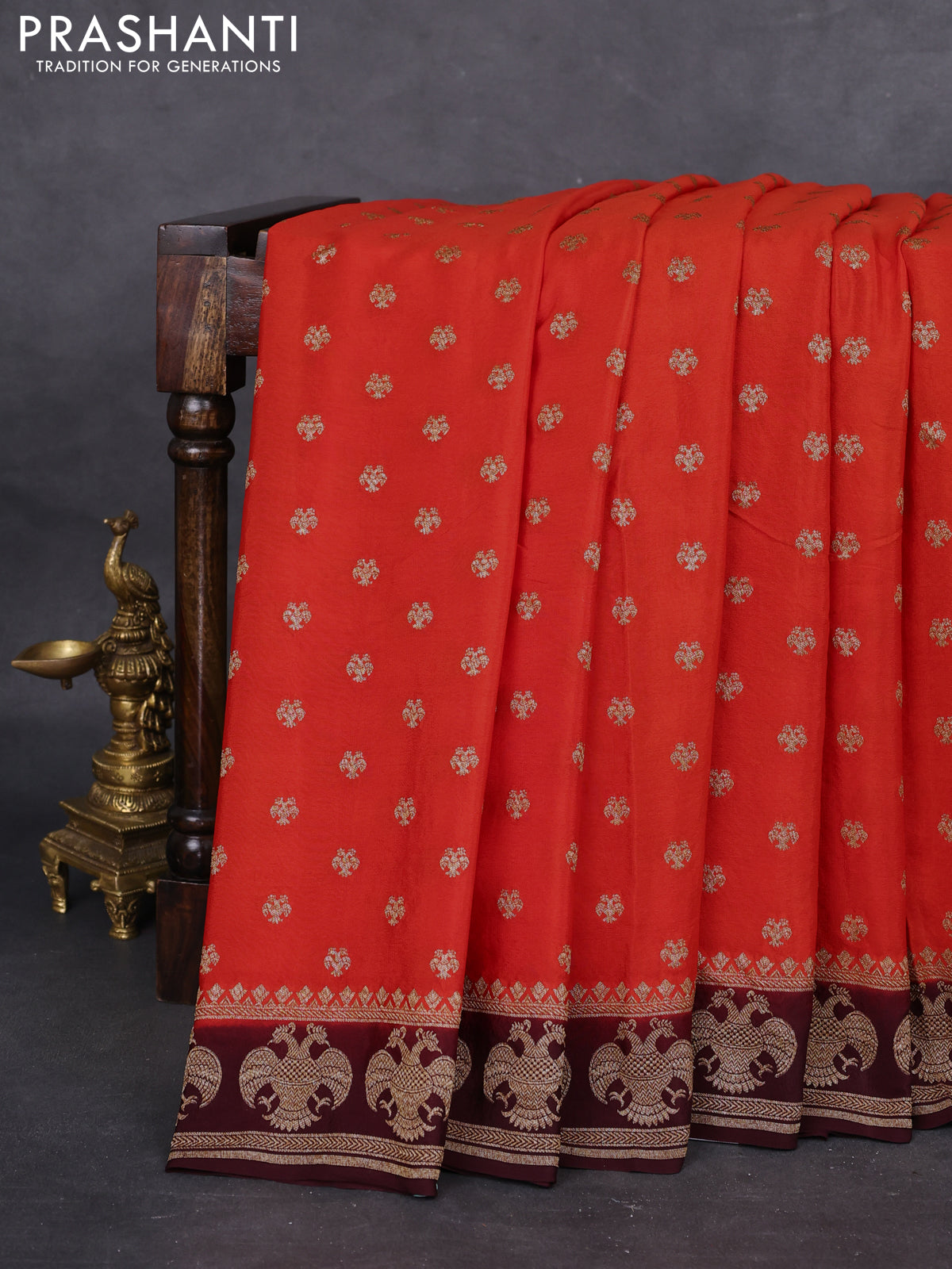Banarasi crepe saree orange and brown with woven buttas and woven border