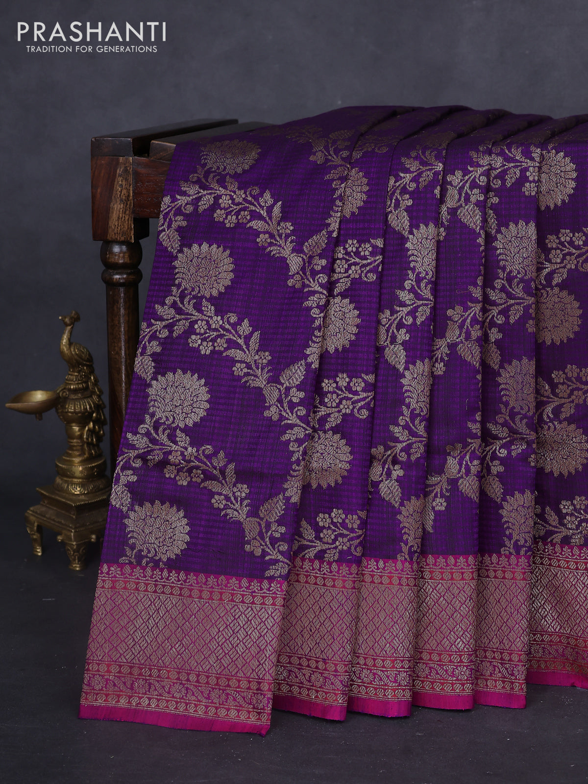Banarasi dupion silk saree violet and purple with allover thread & zari floral weaves and woven border
