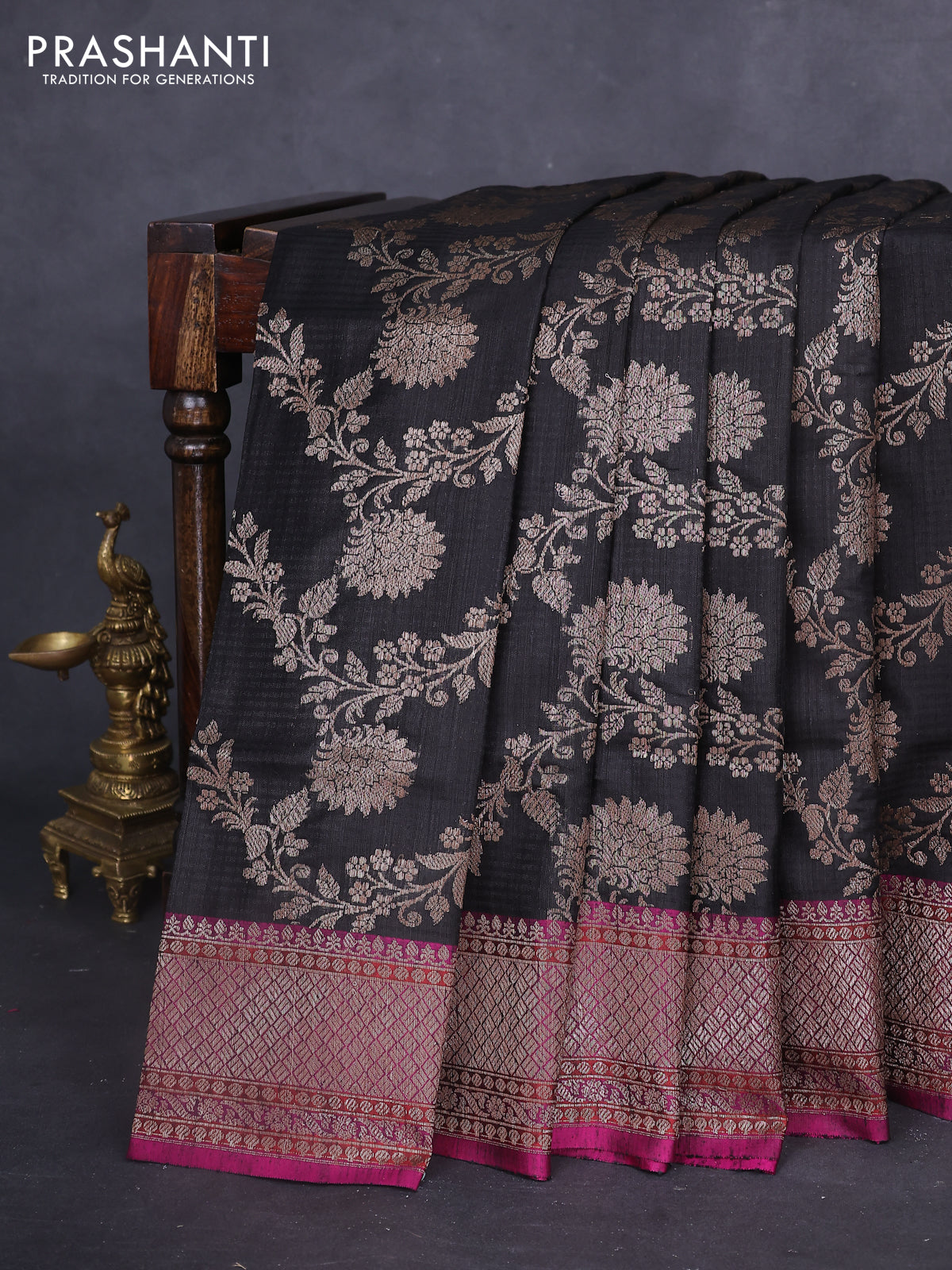Banarasi dupion silk saree black and purple with allover thread & zari floral weaves and woven border