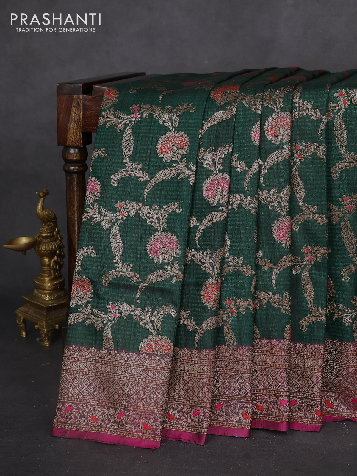 Banarasi dupion silk saree green and purple with allover thread & zari floral weaves and woven border